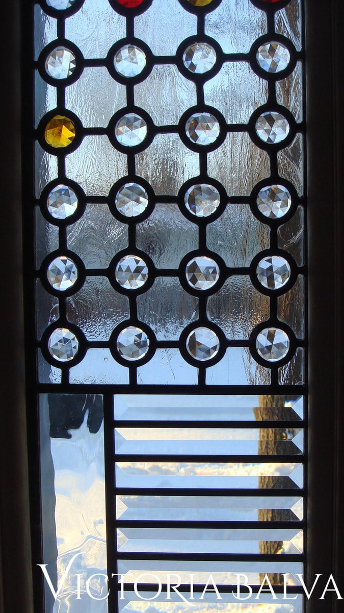 Contemporary style clear leaded glass front entance detail with jewels and bevels