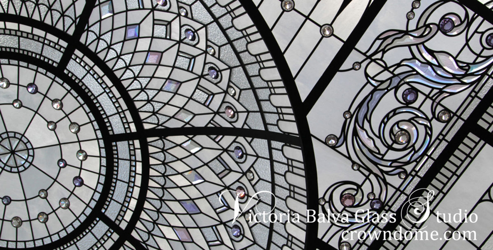 stained leaded glass dome skylight with custom lilac pink hand beveled glass and  lilac crystal jewels