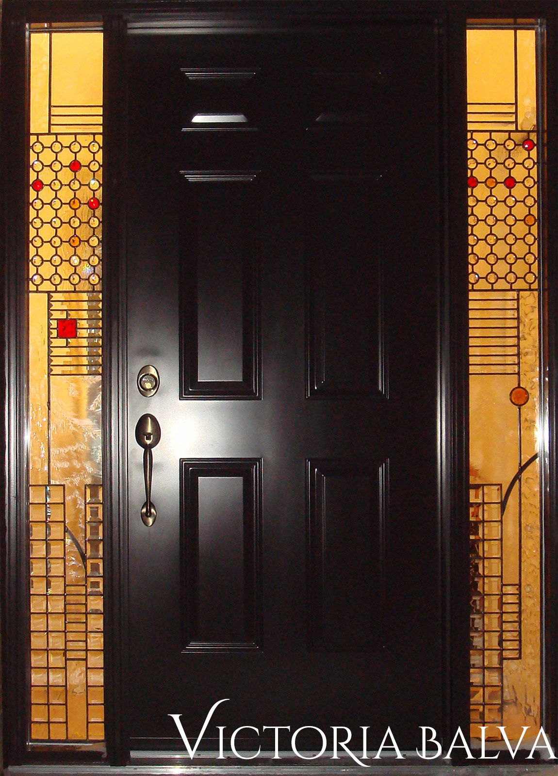 Contemporary minimalisti geometrical style leaded glass front door with jewels and beveled glass after installation