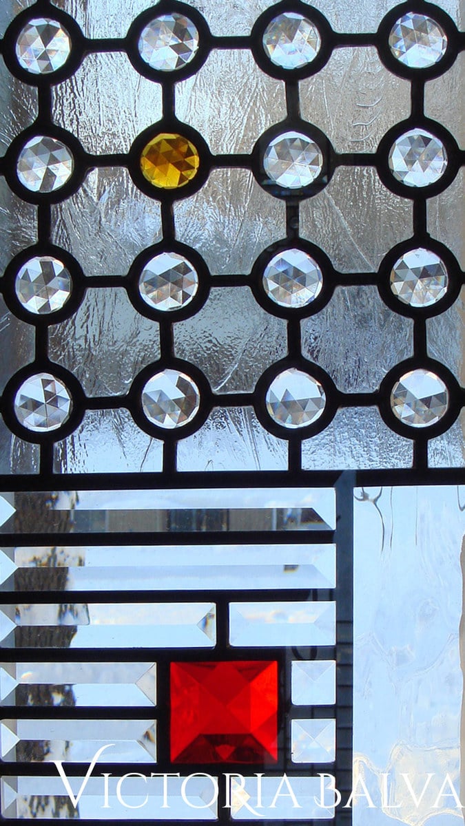 Contemporary leaded glass with squear and round jewels and beveled glass