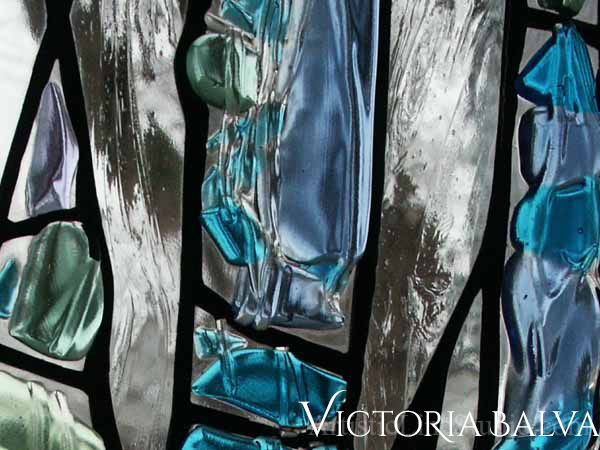 Contemporary stained, fused and leaded glass sculpture for the foyer window of a private residence in High Park area