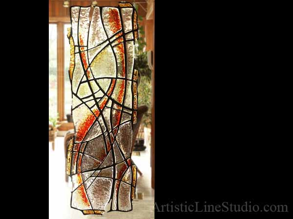 Contemporary style free shape stained, fused and leaded glass sculpture private residence right panel