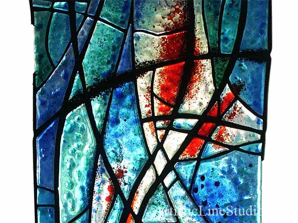 Contemporary Chagal inspired stained, fused and leaded glass suspended panel close up detail