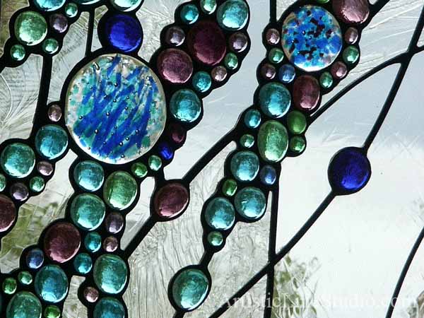 Contemporary stained, fused leaded glass windows for a foyer / staircase  window in cold colors