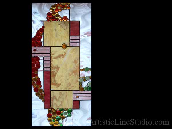 Contemporary decorative stained and leaded glass suspended panel for a staircase window with white opal and clear beveled glass
