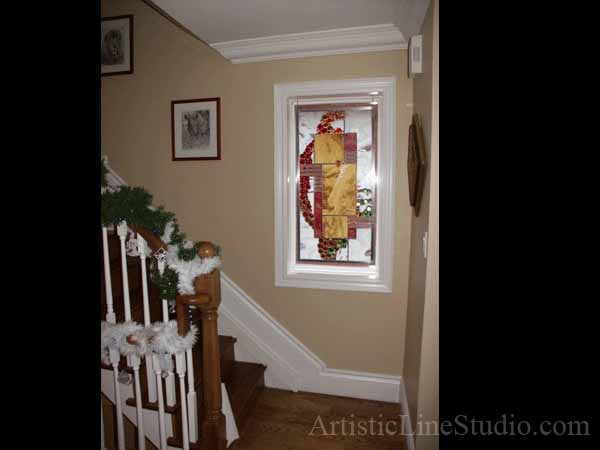 Interior view of leaded glass suspended panel for a staircase window to block unpleasant view  adding privacy and beauty after installation