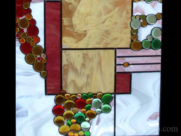 Stained and leaded glass suspended panel for a stairecase window to block unpleasant view  adding privacy and beauty