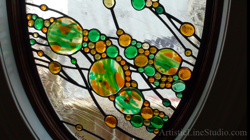 Contemporary abstract stained leaded glass oval window