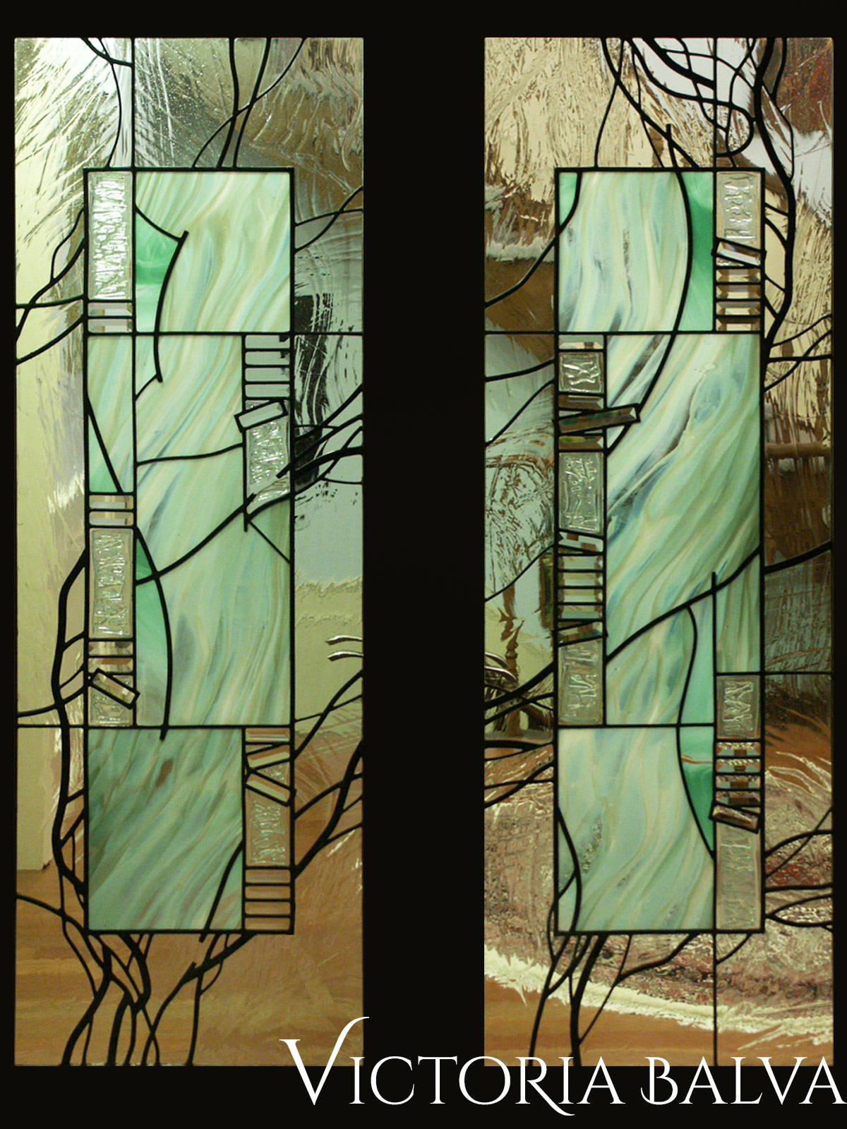 Stained and leaded glass interior door lights in minimalism style 