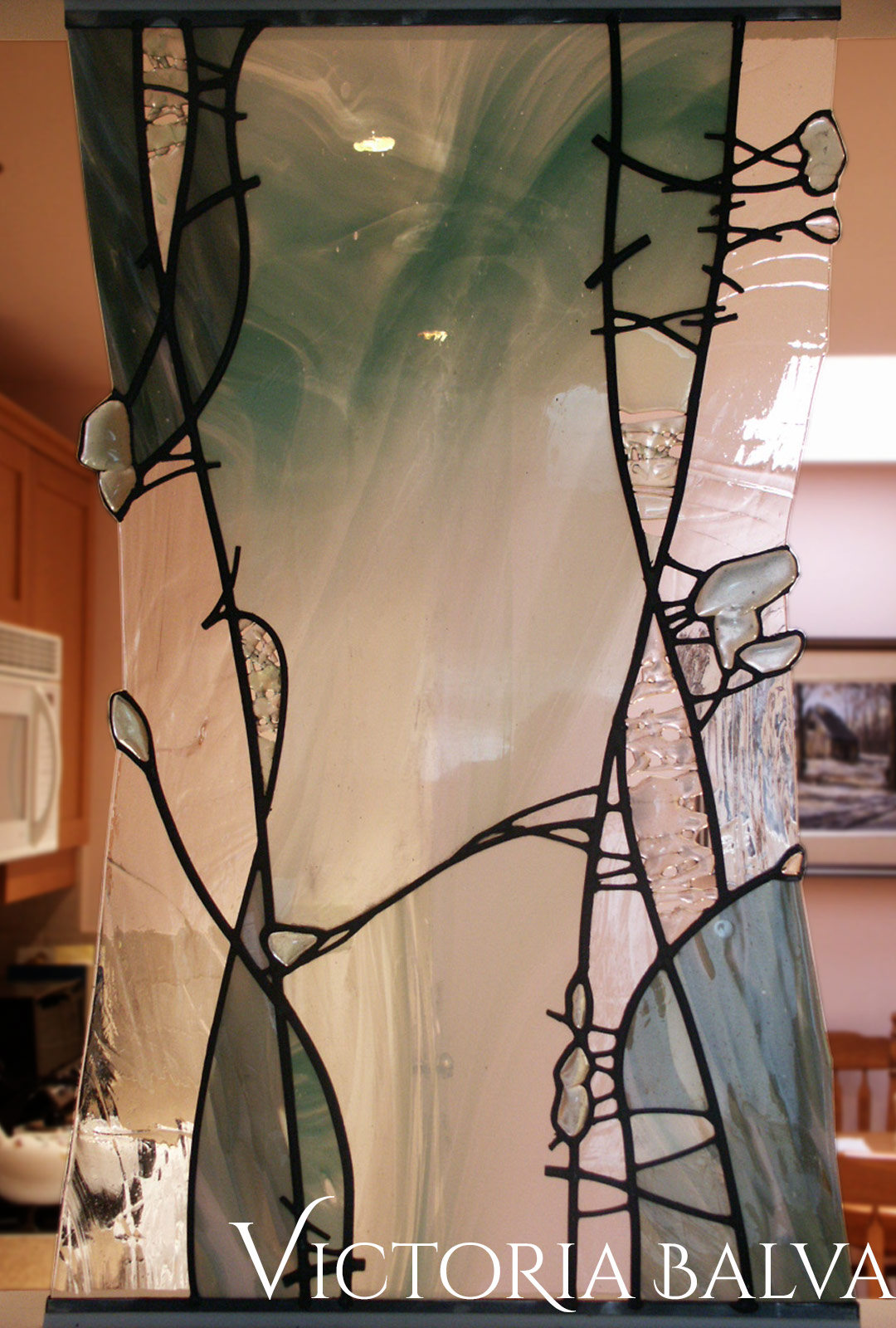 Contemporary leaded glass divider with kiln formed glass and fire polished slab glass peaces
