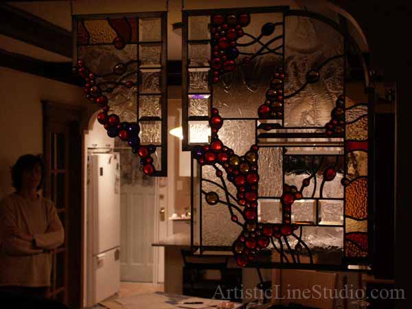 Stained and leaded glass free shape wall divider contemporary styling